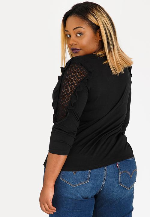 edit Plus - Frill Sleeve Detail Top Black