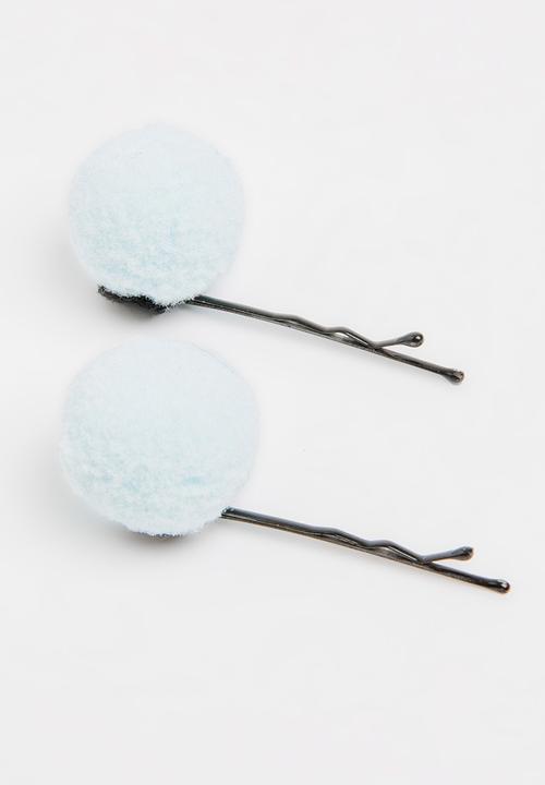 Jewels and Lace - Pom Pom Hairclips Pale Blue