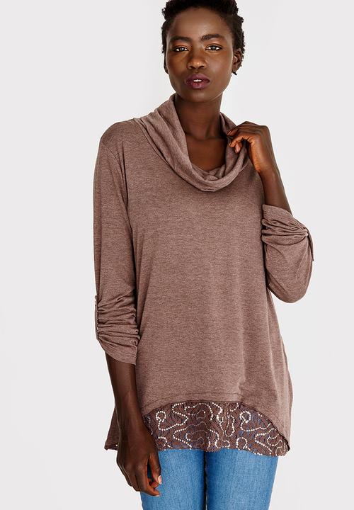 G Couture - Cowl-neck Top with Lace Hem Brown