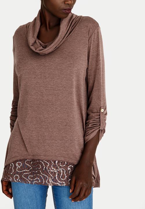 G Couture - Cowl-neck Top with Lace Hem Brown