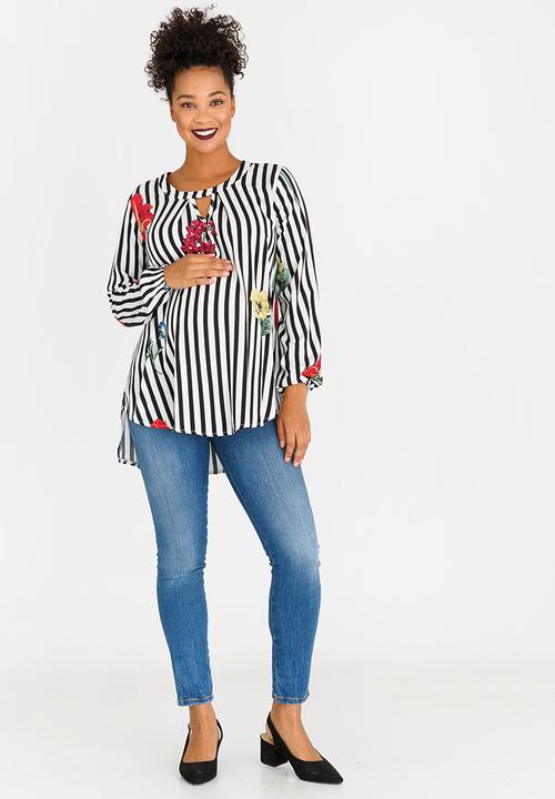 edit Maternity - Striped Tunic with Cut-out Neck Detail Black and White