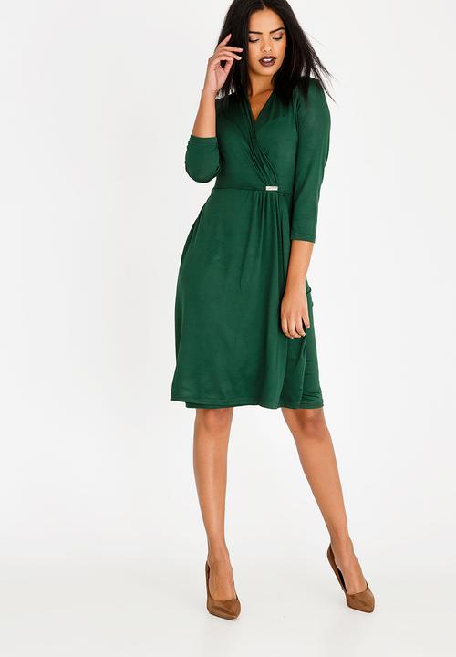 edit - Trim Detail Wrap Over Dress Dark Green
