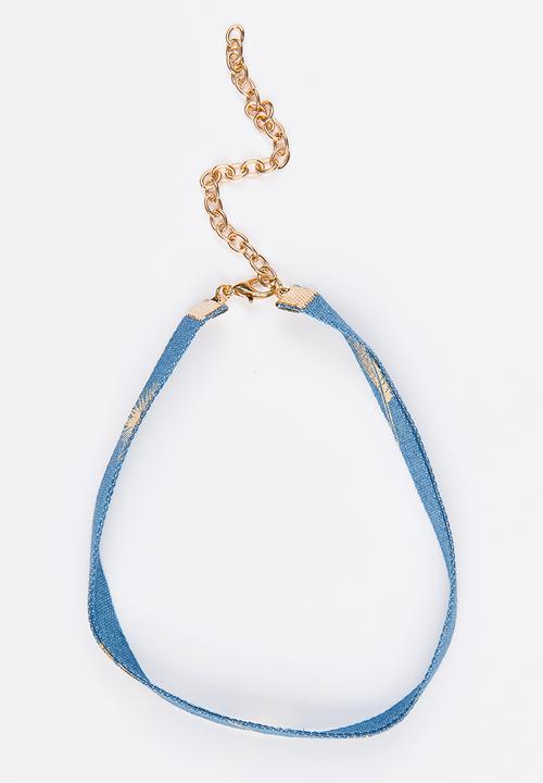 Jewels and Lace - Foil Leaf Denim Choker Blue