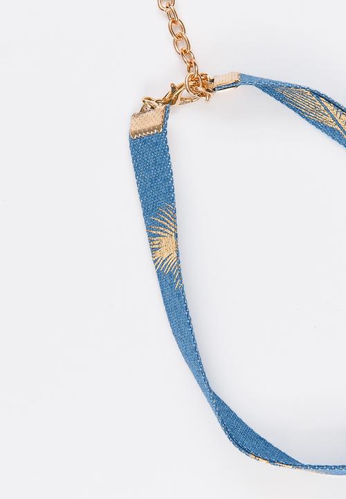 Jewels and Lace - Foil Leaf Denim Choker Blue