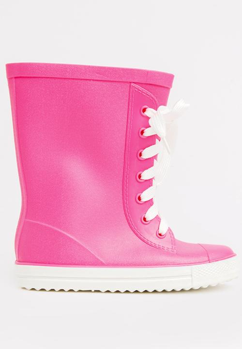 Pop Candy - Rubber Boots with Lace Detail Dark Pink