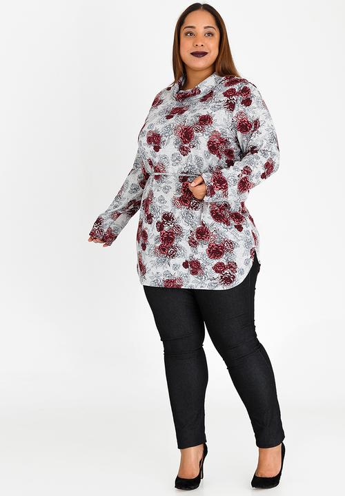 edit Plus - Cowl Neck Tunic Top with Tie Belt Grey