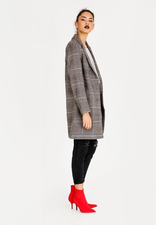 STYLE REPUBLIC - Wool-like Checked Longer Length Coat Grey