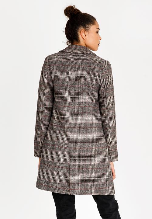 STYLE REPUBLIC - Wool-like Checked Longer Length Coat Grey