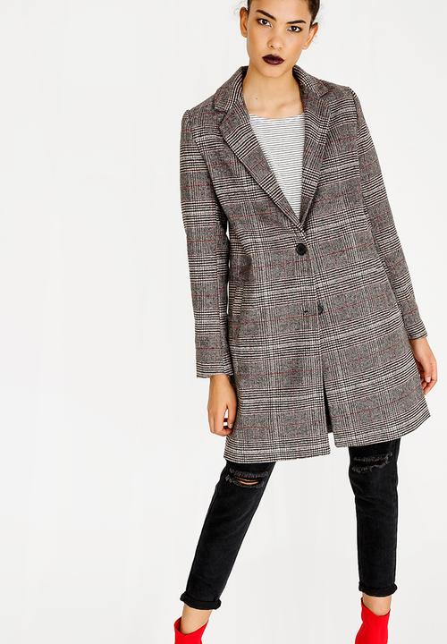 STYLE REPUBLIC - Wool-like Checked Longer Length Coat Grey