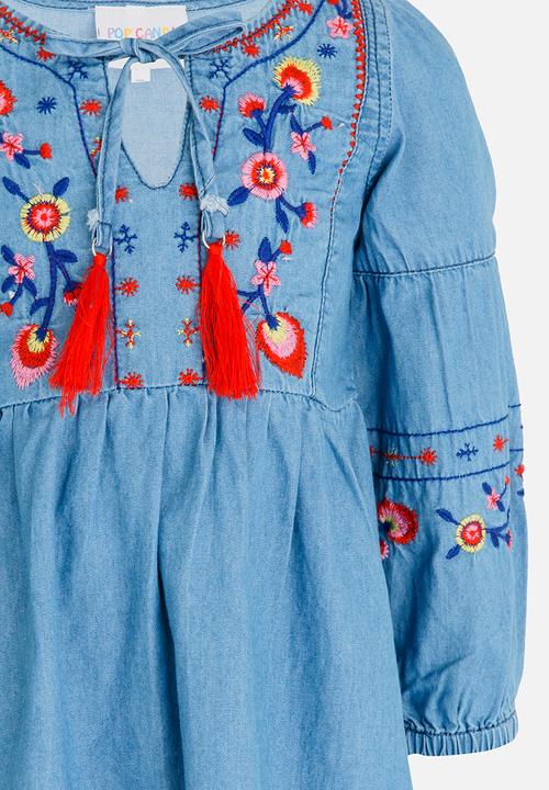 Pop Candy - Dress with Embroidery Detail Blue