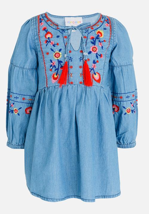 Pop Candy - Dress with Embroidery Detail Blue