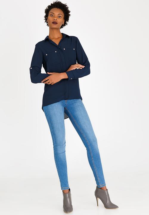 edit - Blouse with Concealed Button Stand Navy