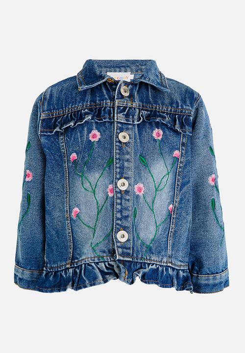 Pop Candy - Embroidered Frill Denim Jacket Navy