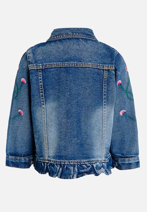 Pop Candy - Embroidered Frill Denim Jacket Navy