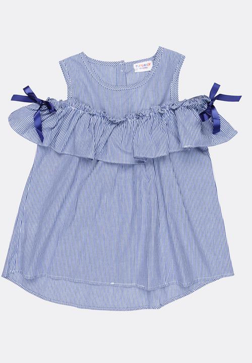 Pop Candy - Cold Shoulder Frill Top Pale Blue