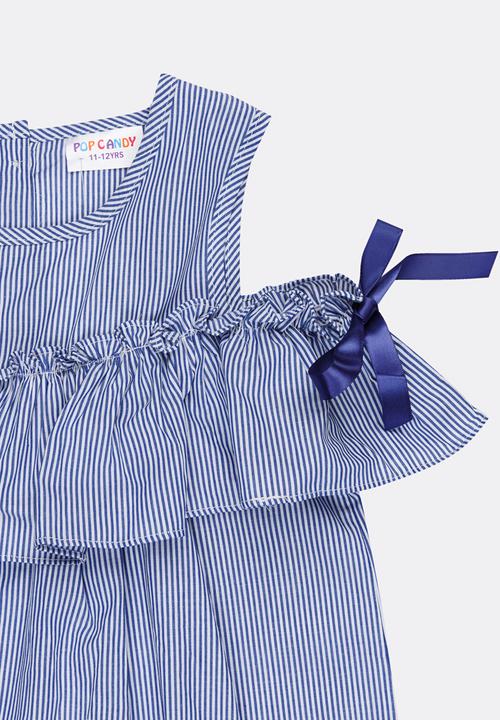 Pop Candy - Cold Shoulder Frill Top Pale Blue