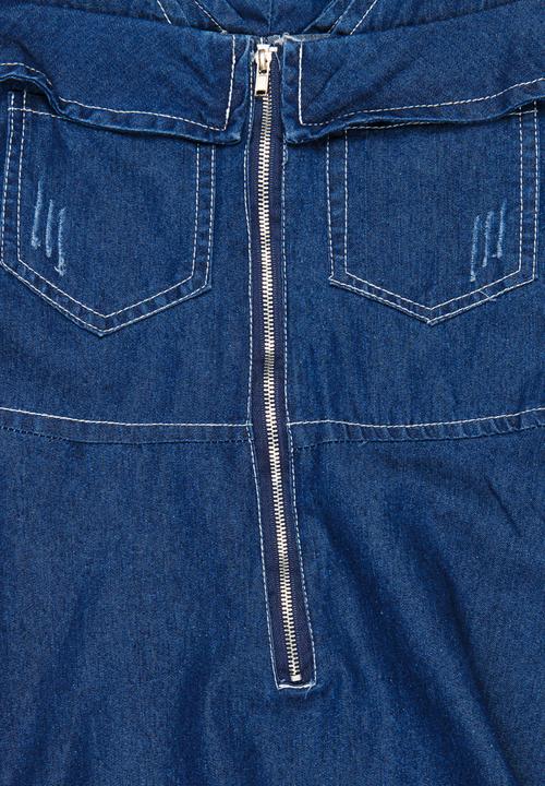 Pop Candy - Cold Shoulder Denim Dress Dark Blue
