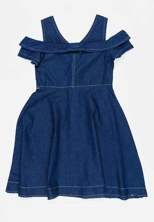 Pop Candy - Cold Shoulder Denim Dress Dark Blue