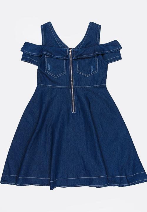 Pop Candy - Cold Shoulder Denim Dress Dark Blue