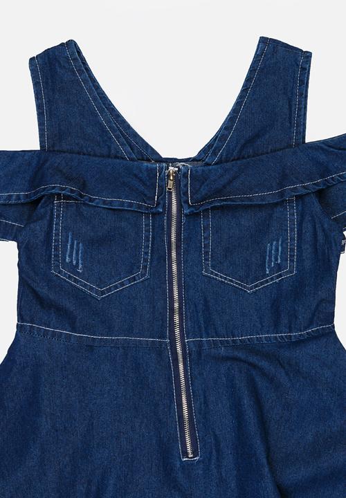 Pop Candy - Cold Shoulder Denim Dress Dark Blue