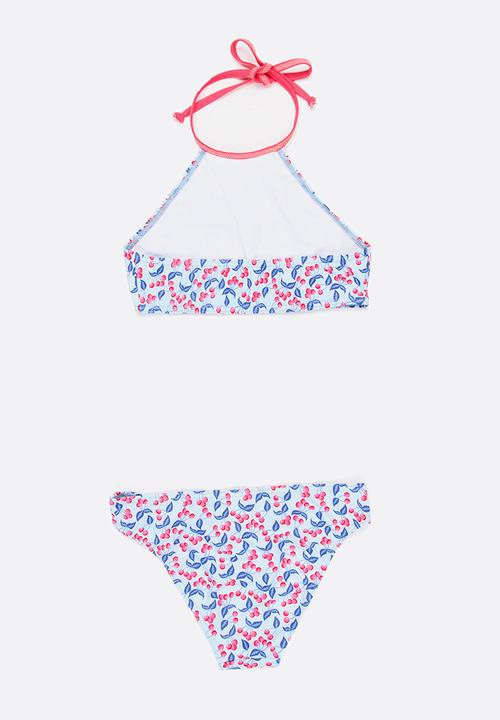 Sun Things - Mint Cherry Halter Top & Bottom Set Multi-colour