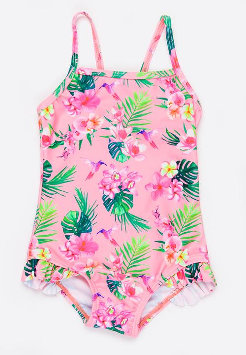 MINOTI - 1 Piece AOP Swimsuit with Racer Back and Frill det Multi-colour