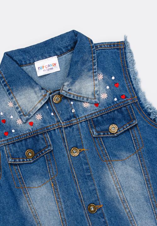 Pop Candy - Frayed Sleeveless Denim Jacket Blue