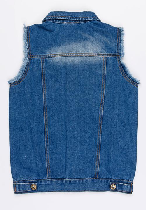 Pop Candy - Frayed Sleeveless Denim Jacket Blue