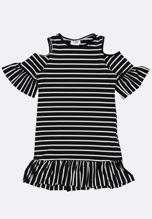 Pop Candy - Cold Shoulder Stripe Dress Black