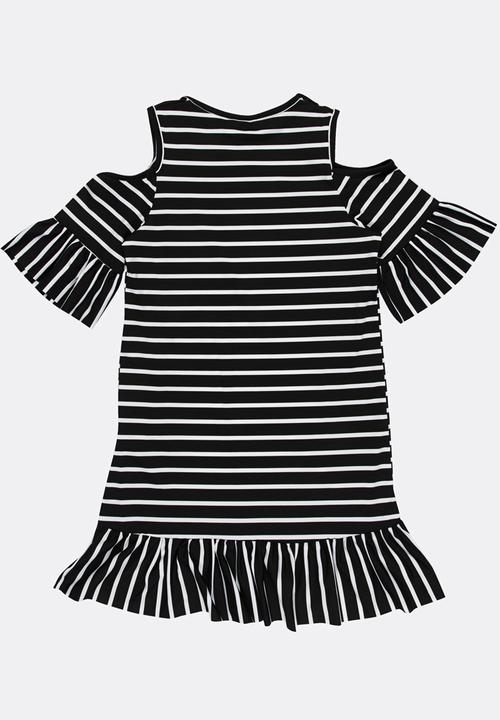 Pop Candy - Cold Shoulder Stripe Dress Black