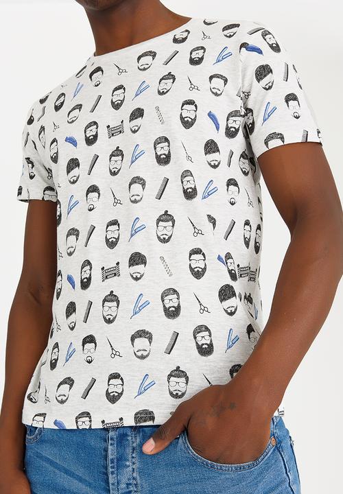Brave Soul - Barberb All Over Print Crew Neck Tee Grey