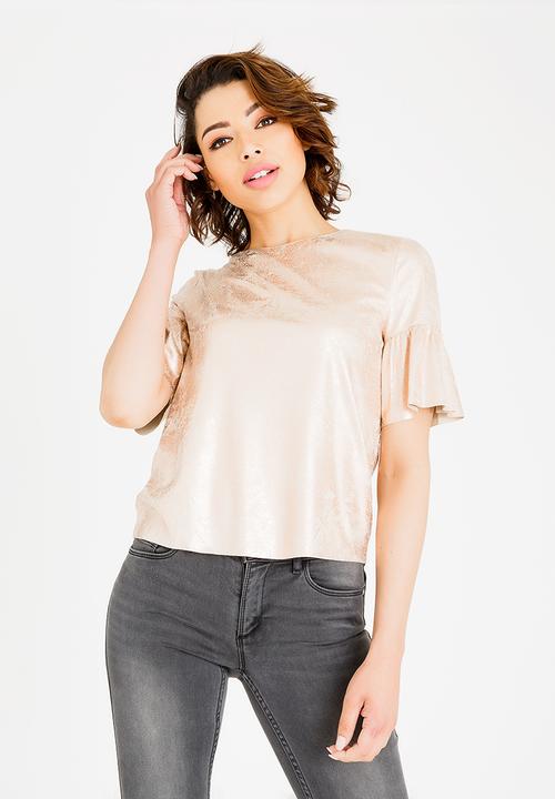 ONLY - Celine short sleeve faux suede frill top - beige