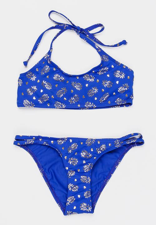 Sun Things - Foil pineapple bralet & strappy bottom set - blue