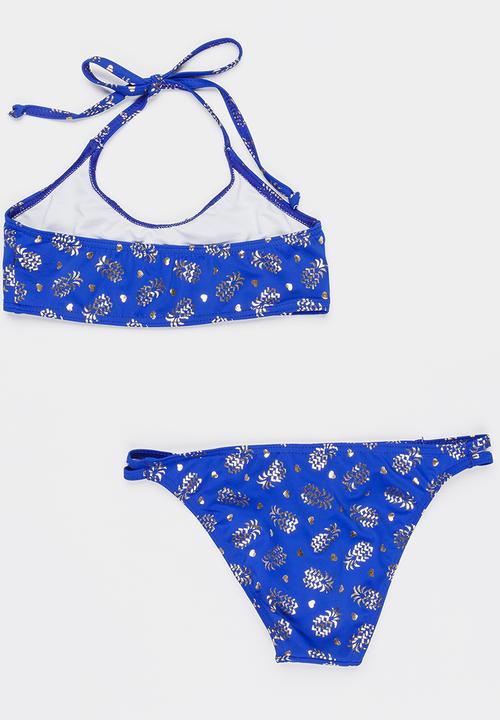 Sun Things - Foil pineapple bralet & strappy bottom set - blue
