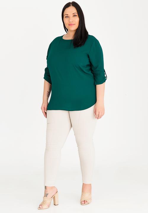 edit Plus - Basic Blouse with Sleeve Tab Detail Dark Green