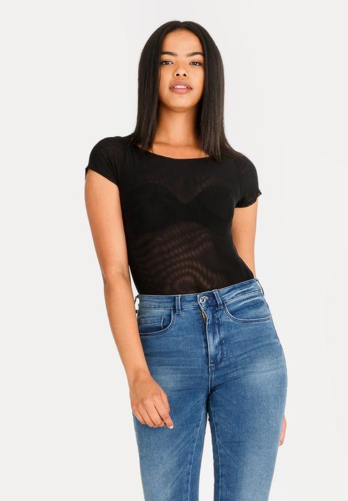 Leigh Schubert - Kitty cap sleeve mesh bodysuit - black