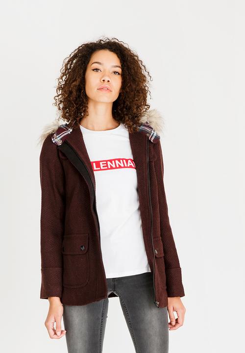 c(inch) - Faux Fur Trim Hooded Coat Burgundy