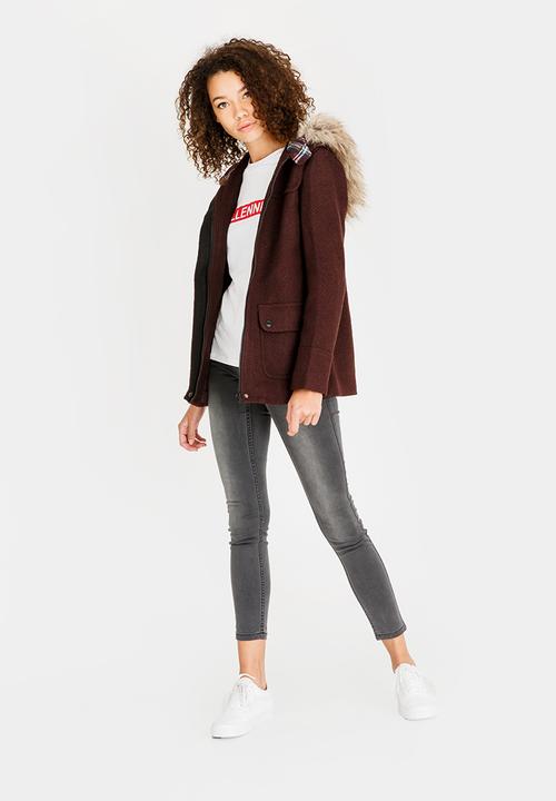 c(inch) - Faux Fur Trim Hooded Coat Burgundy