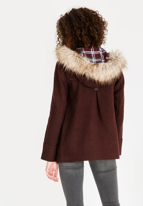 c(inch) - Faux Fur Trim Hooded Coat Burgundy