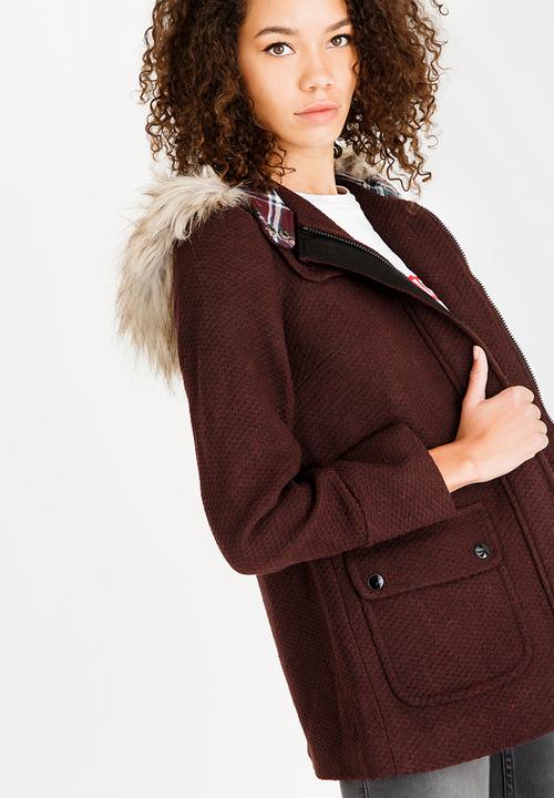 c(inch) - Faux Fur Trim Hooded Coat Burgundy
