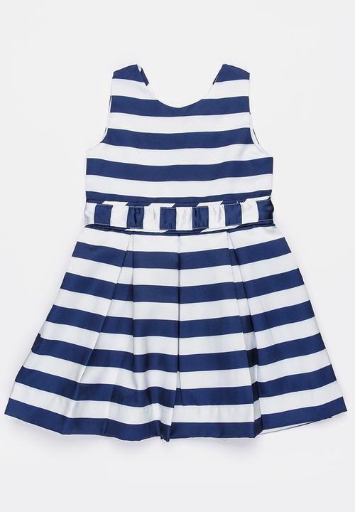 MINOTI - French Stripe Dress with 3D Applique Flowers Navy & White