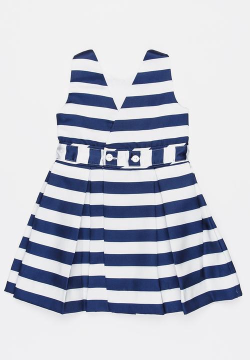 MINOTI - French Stripe Dress with 3D Applique Flowers Navy & White