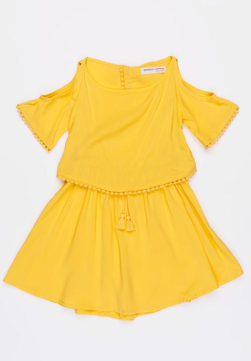 MINOTI - Jungle Cold Shoulder Pom-Pom Dress Yellow
