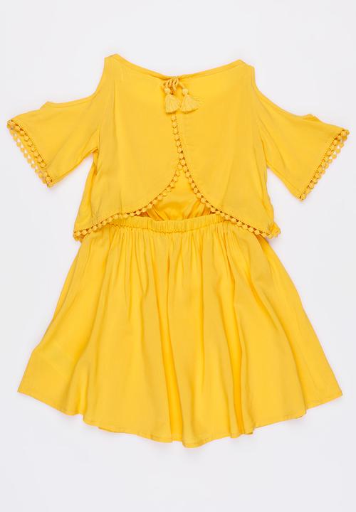 MINOTI - Jungle Cold Shoulder Pom-Pom Dress Yellow