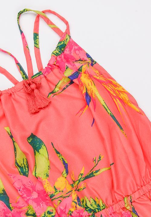 MINOTI - Jungle Printed Tassel Playsuit with Crossover Stra Coral