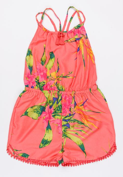MINOTI - Jungle Printed Tassel Playsuit with Crossover Stra Coral