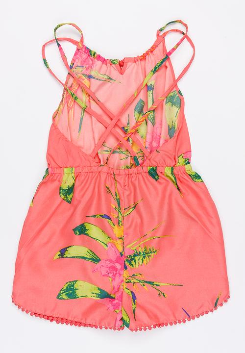 MINOTI - Jungle Printed Tassel Playsuit with Crossover Stra Coral