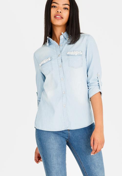 Revenge - Pearl Pocket & Collar Denim Shirt Blue