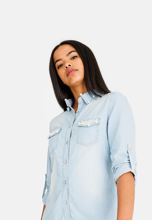Revenge - Pearl Pocket & Collar Denim Shirt Blue