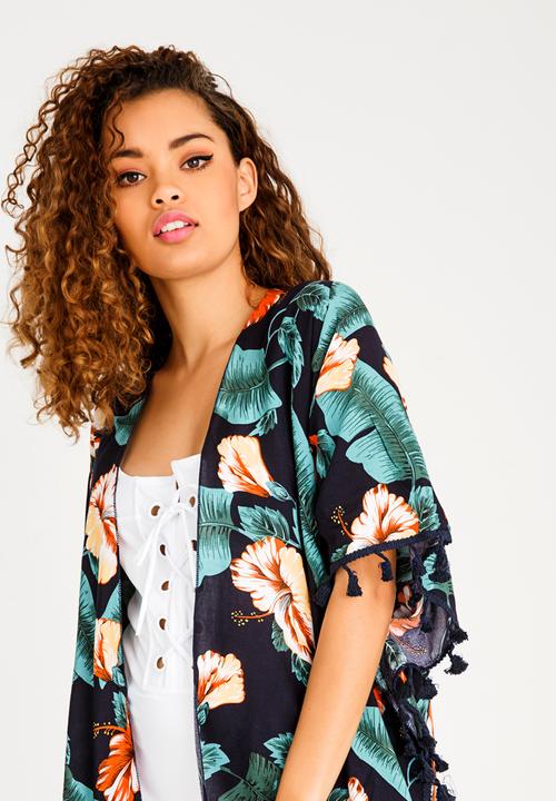 Lithe - Open Front Kaftan with Tassle Trim Navy